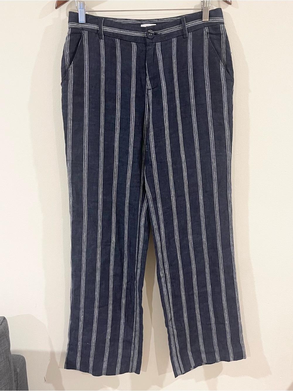 Garnet Hill Navy Stripe Linen Pants Straight Leg Women’s size 6